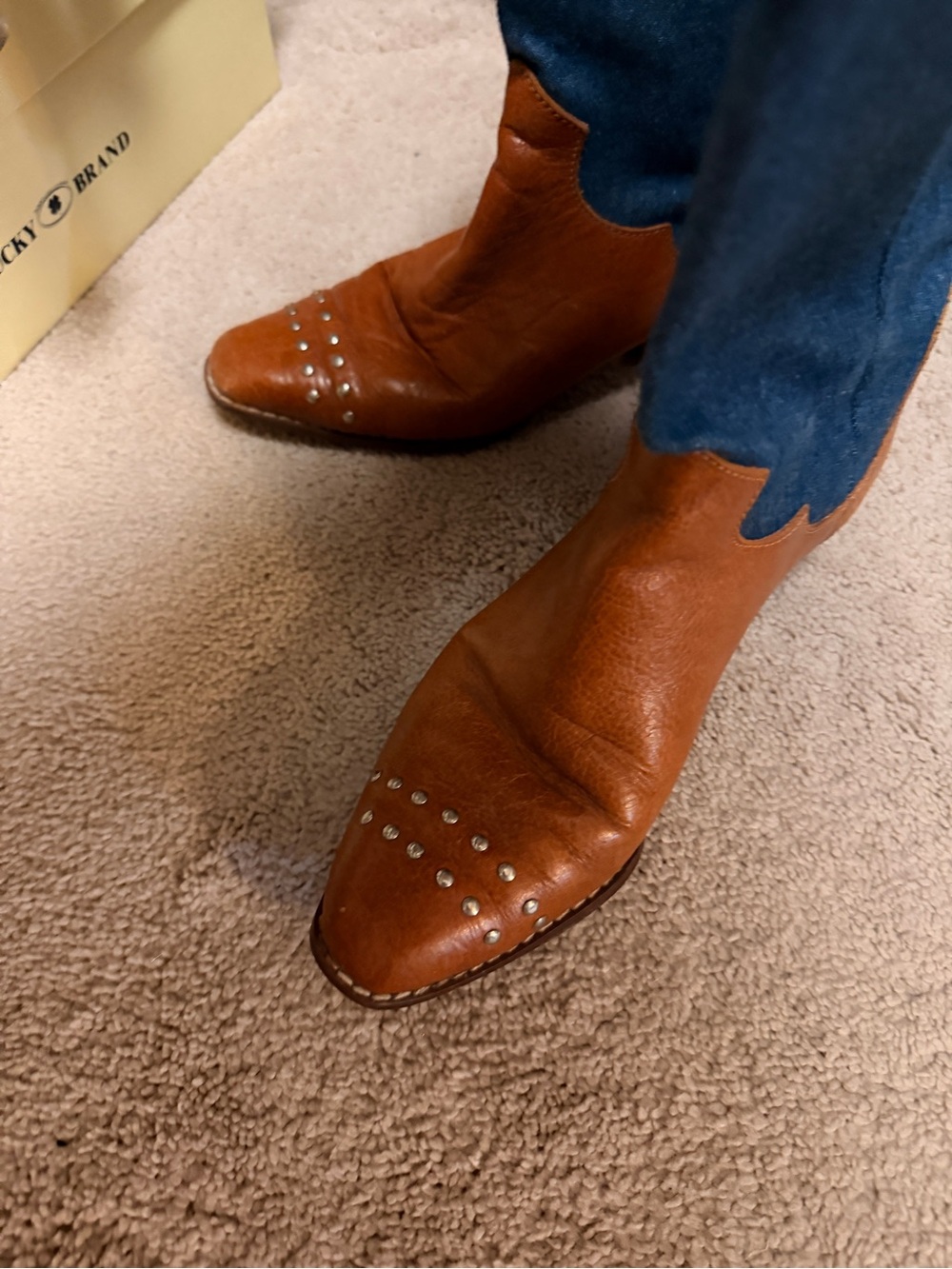 Women’s Two-Tone Brown Leather & Blue Denim Western Boots - Picture 2 of 3